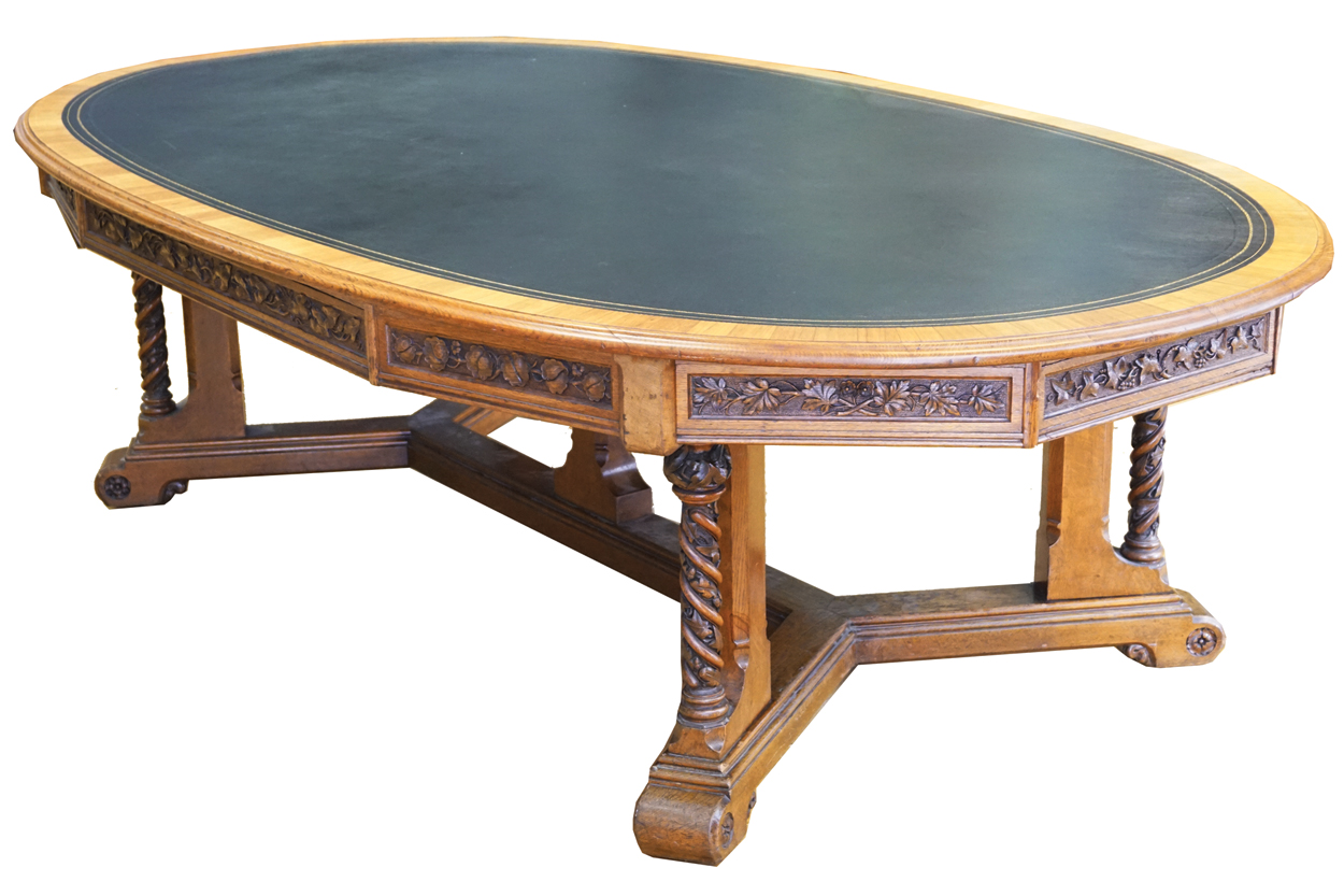 LARGE AESTHETIC REVIVAL OAK LIBRARY TABLE stamped Holland & Sons, London the expansive oval tooled