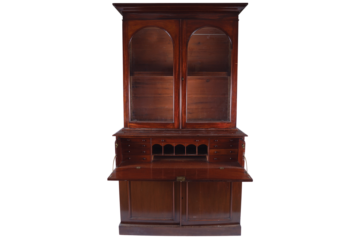 VICTORIAN MAHOGANY SECRETAIRE BOOKCASE the superstructure with a moulded crown above two glazed