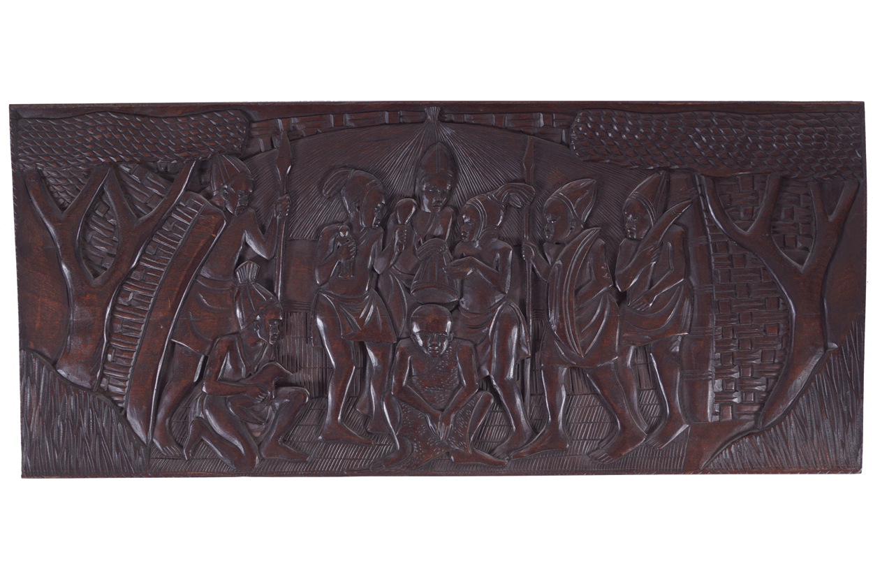 AFRICAN SCHOOL Bas relief wood carving depicting tribal figures Provenance: The Robinson Collection