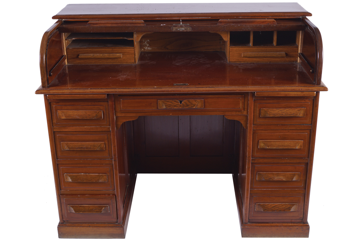 EDWARDIAN MAHOGANY ROLLTOP DESK the rectangular top above a folding tambour front, opening to a