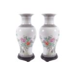 PAIR OF FAMILLE VERT VASE STEMMED TABLE LAMPS AND SHADES 70 cm. high (2)