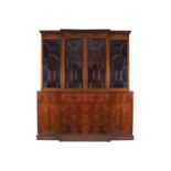 EDWARDIAN PERIOD MAHOGANY AND BOXWOOD STRING INLAID BREAKFRONT BOOKCASE the superstructure with a
