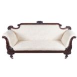 NINETEENTH-CENTURY MAHOGANY AND UPHOLSTERED LIBRARY SETTEE with carved scroll fronted ends, raised