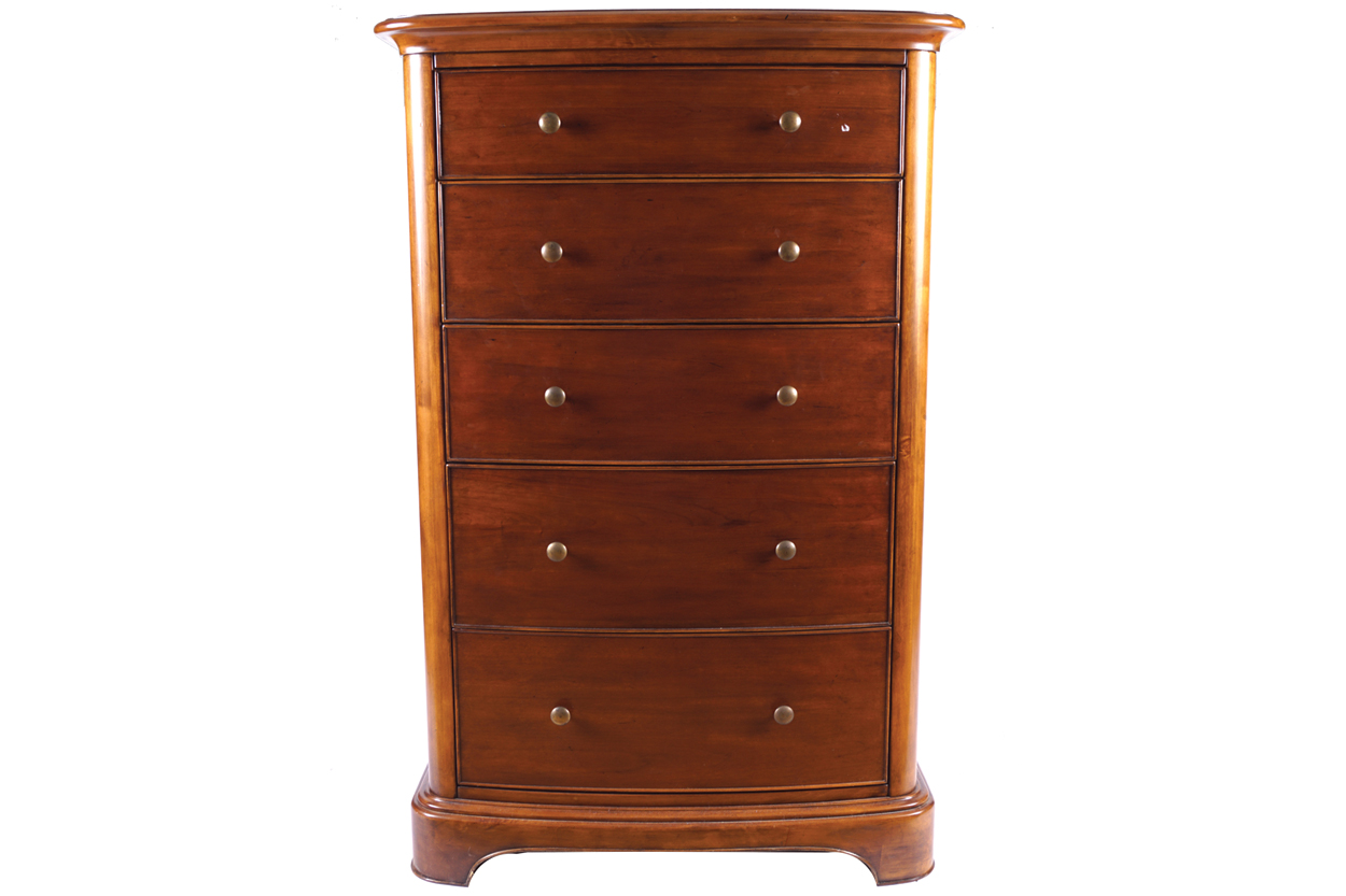 LATE TWENTIETH CENTURY CHERRYWOOD TALLBOY of five graduated drawers Provenance: The Robinson