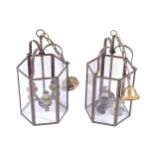 PAIR OF EARLY TWENTIETH-CENTURY BRASS HEXAGONAL SHAPED HALL LANTERNS each with glazed panelled sides