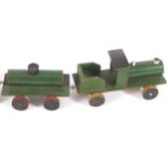 ESTATE MADE MODEL TOY RAILWAY ENGINE AND CARS 12 cm. high; 65 cm. long