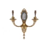 PAIR OF EDWARDIAN BRASS WALL LIGHTS each with two scroll arms, emanating from a Jasperware centred