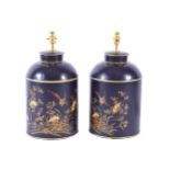 PAIR OF TABLE LAMPS each with a Chinoiserie decorated toleware caddy stem 45 cm. high; 22 cm.