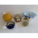 Selkirk coloured glass paperweight and bowls (5)