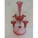 Victorian Cranberry glass centrepiece seven stem epergne, central trumpet vase,