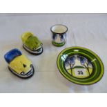 Brian Wood Elmfield egg cup and saucer - L Oakley together with Deco style Dodgem car salt and