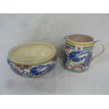 Poole Pottery Blue Bird and floral design jug and bowl impressed mark and signature to reverse (2)