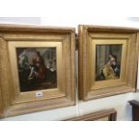 Pair of 19thC Oil on Canvas Lady & Gentleman Sewing