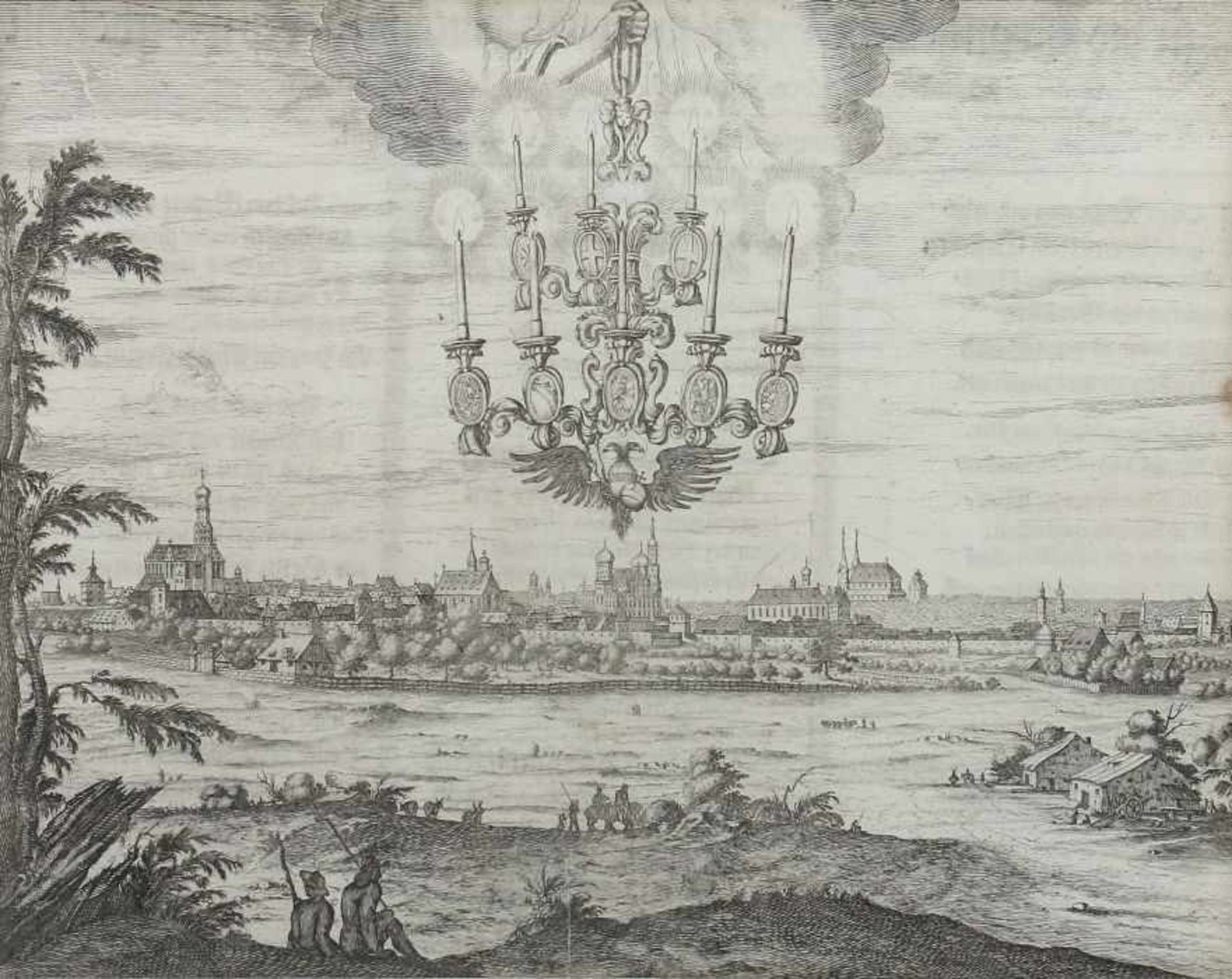 Kupferstecher des 17. Jh. "Augsburg", Ansicht der Stadt am Lech, mit einem am Himmel erscheinenden