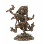 Dakini Tibet/Nepal, wohl 19. Jh., Bronze, tanzende Figur einer Dakini mit 4 Armen, in einer Hand ein