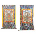 2 Thangka Nepal, 20. Jh., Gouache/Leinen, 1x Darstellung von Avalokiteshvara, Manjushri und