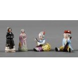 4 Miniatur-Figuren 1. Hälfte 20. Jh., Porzellan, polychrom staffiert, 2x stehende Damen in langen