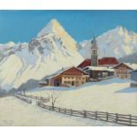 Schütz, Johannes geb. 1886, schweizer Maler. "Zermatt mit Matterhorn im Schnee", Kleines Dorf mit