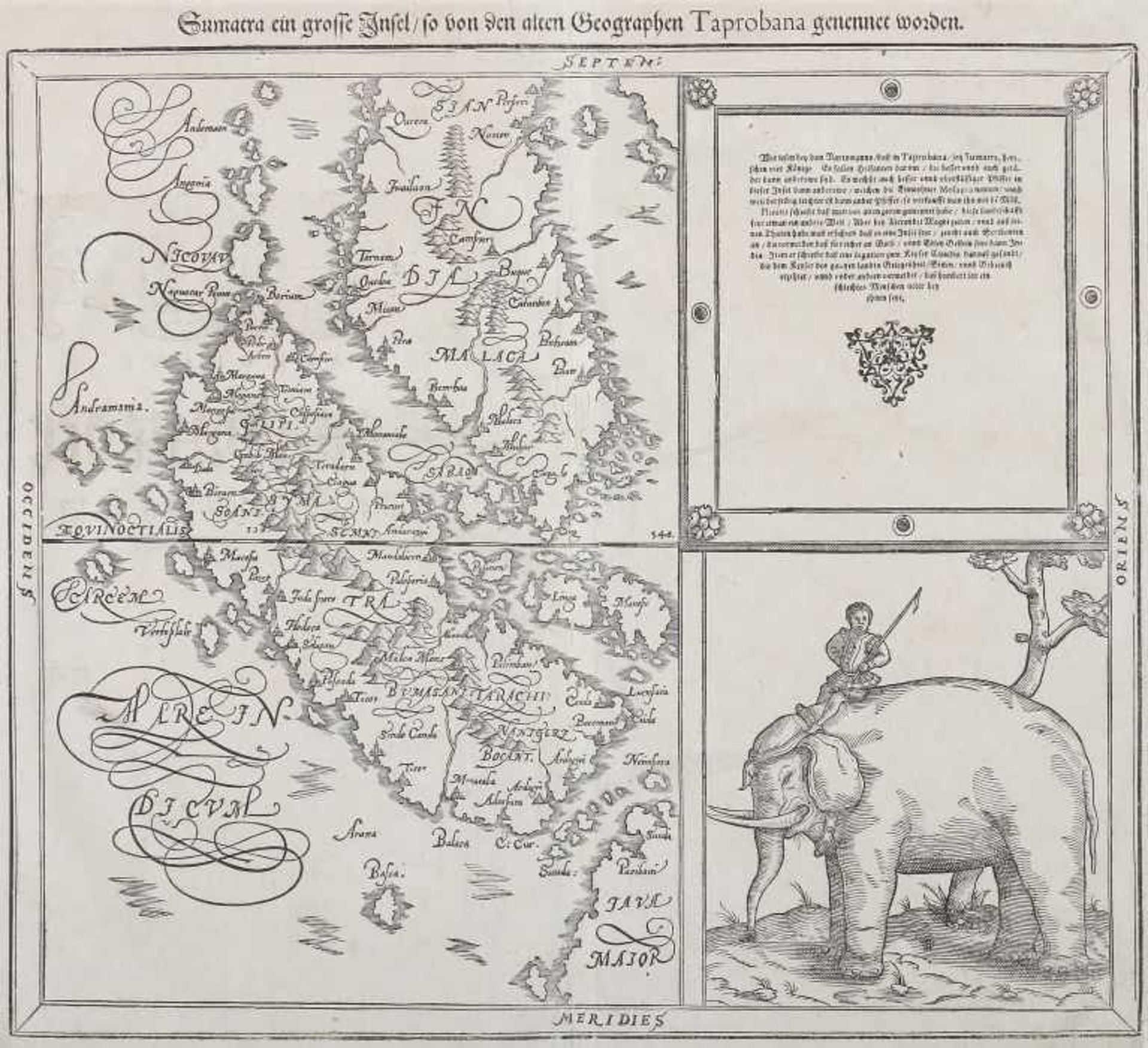 Münster, Sebastian 1489 - 1552. "Sumatra ein grosse Insel/ so von den alten Geographen Taprobana