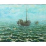 Angeloni, Armando Italienischer Künstler des 20. Jh.. "Fischerboote auf bewegtem Meer", von Möven