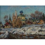 Russsicher Maler des 20. Jh. "Russische Winterlandschaft mit Zwiebelturmkirche", Blick über ein