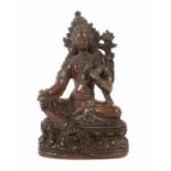 Sitzende Tara Tibet/Nepal, wohl spätes 19. Jh., Bronze/Restvergoldung, vollplastische Figur der Tara