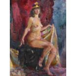 Maler des 20. Jh. "Weiblicher Akt mit schlangenförmiger Krone und gelbem Tuch", vor roter Draperie