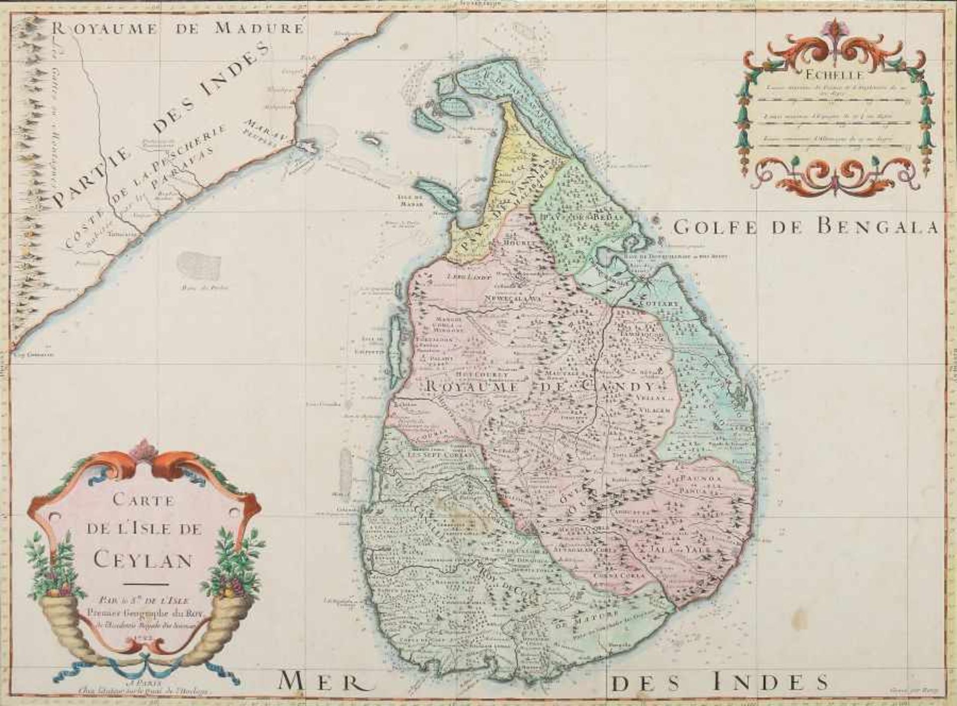 Berey Kupferstecher des 17./18. Jh.. "Carte de l'Isle de Ceylan", Ceylon zwischen dem Golf von