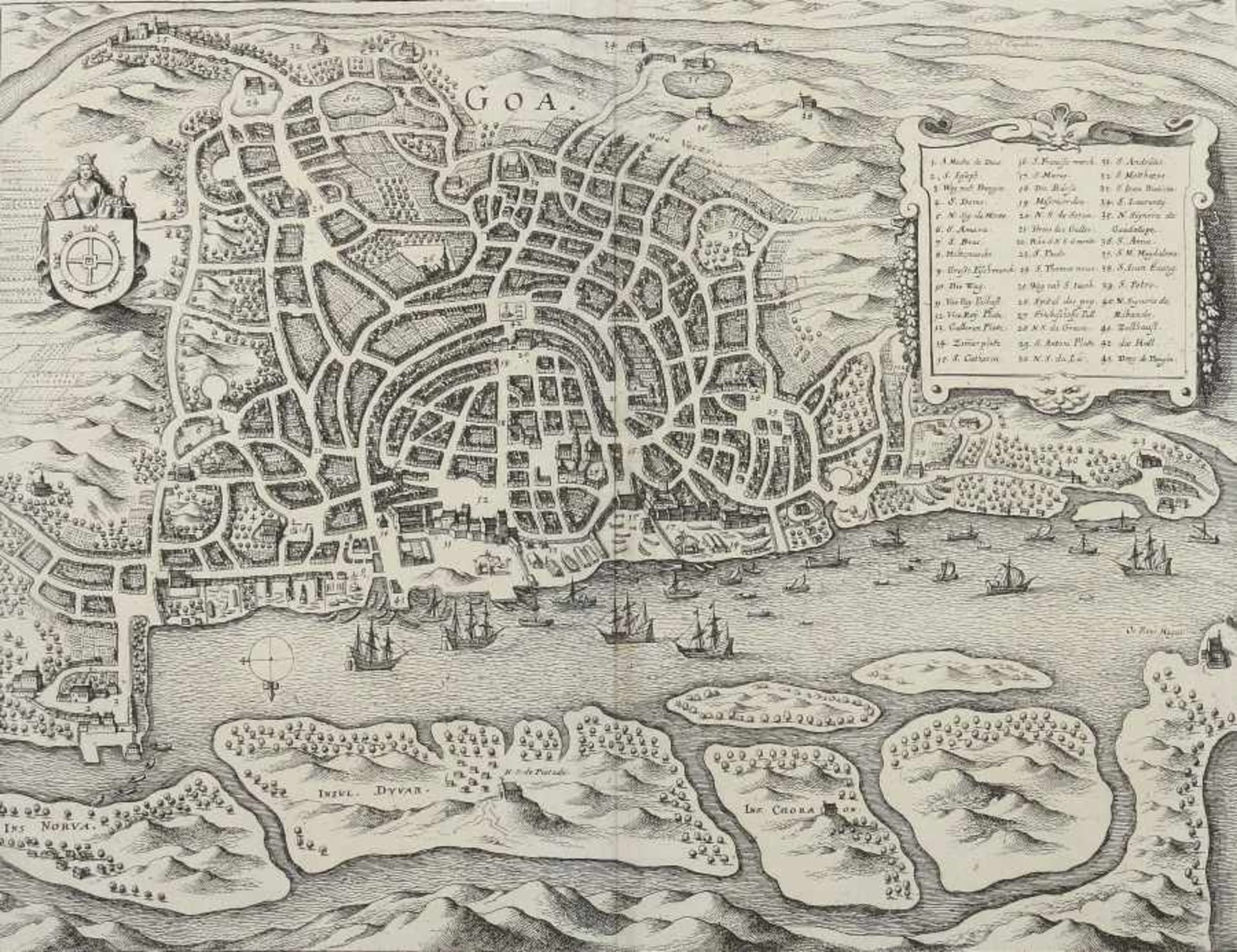 Merian, Matthäus I 1593 - 1650, Kupferstecher. "Goa", Stadtplan aus der Vogelschau, oben links