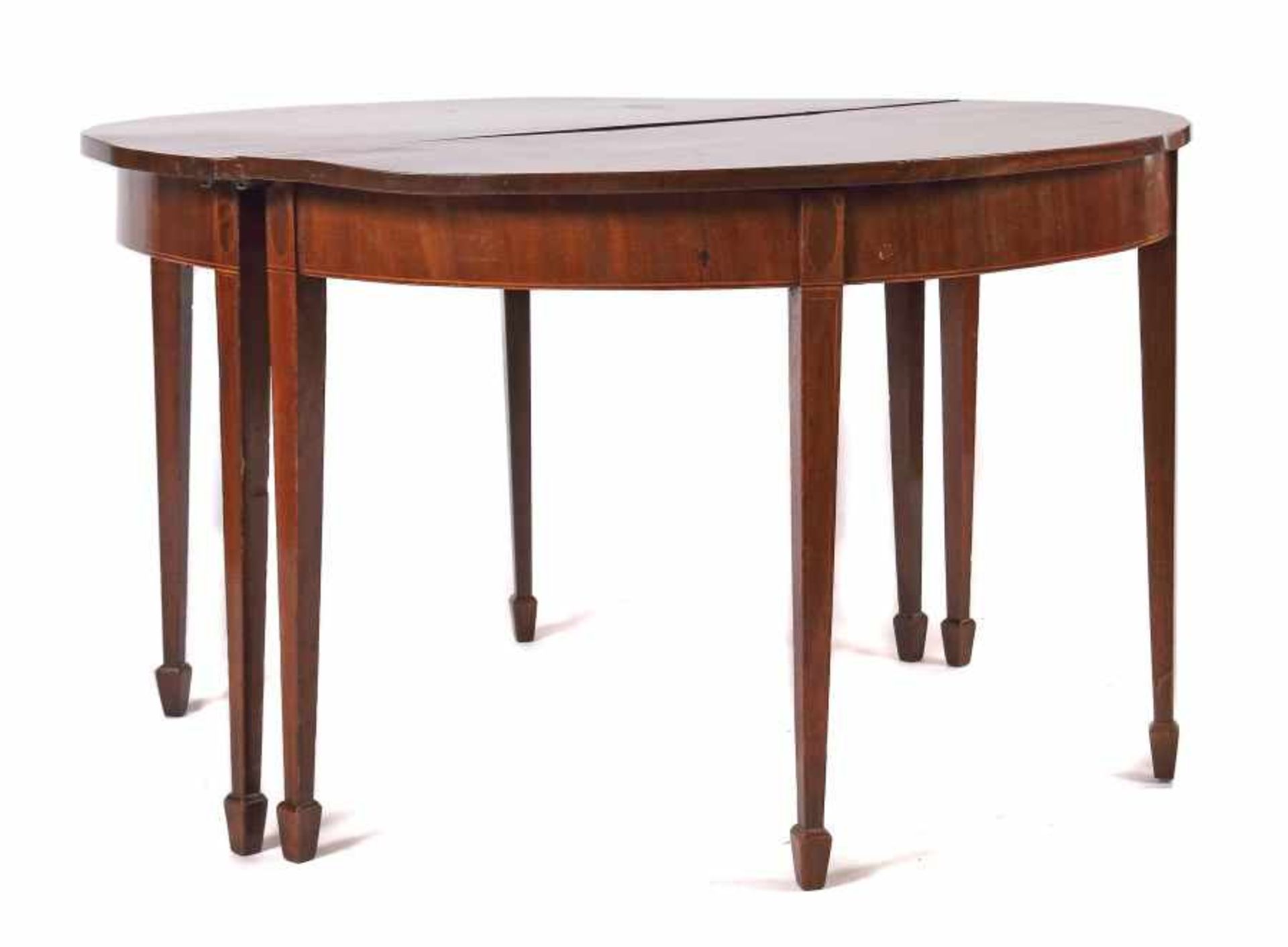 Teilbarer runder Tisch wohl England, 19. Jh., Mahagoni, das Möbel ist zu 2 demi lune-Tischen mit