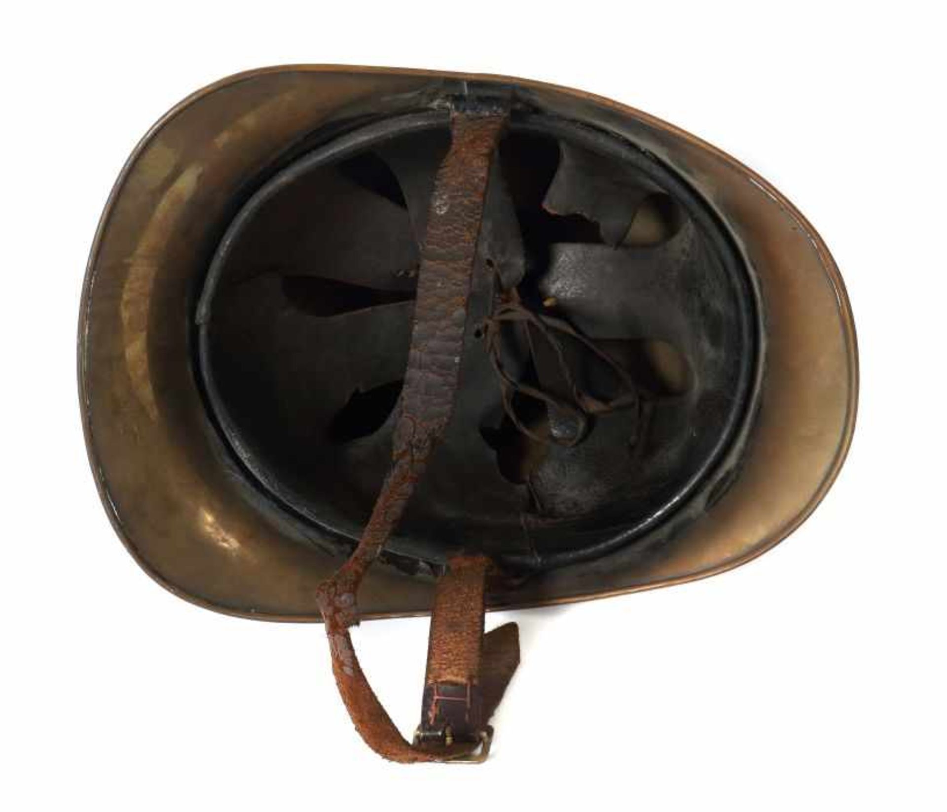 Feuerwehrhelm Württemberg, um 1900, Messing, Mittelraupe genietet, Front mit aufgesetztem Wappen mit - Bild 4 aus 4