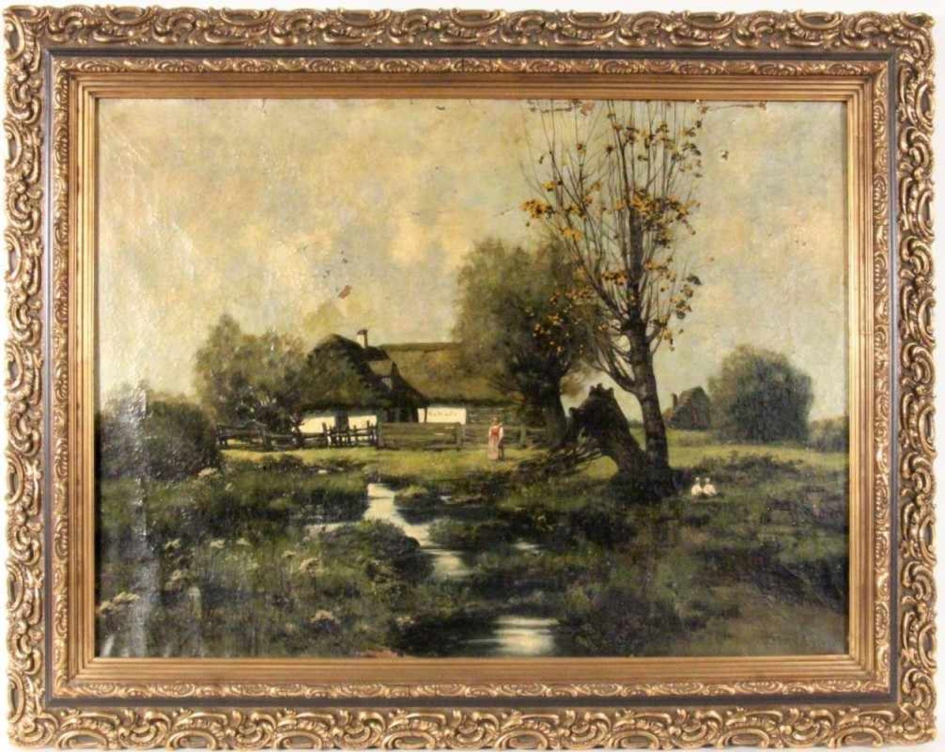 STASIAK, LUDWIK Polnischer Maler, Bochnia, 1858 - 1924 Krakau Bauernhof mit Gänsen und Bäuerin. Öl/