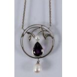 COLLIER IM JUGENDSTIL Silber mit Amethyst, 2 Perlen und Markasiten AN ART NOUVEAU STYLE NECKLACE