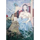 DALL'DAGOD, A Zeitgenössischer italienischer Maler. Frau mit Leopard. Mischtechnik/Lwd., signiert.