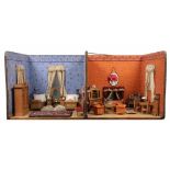 PUPPENSTUBE um 1900 2 Zimmer, mit Einrichtung. 45x108x46cm A DOLL HOUSE ca. 1900 2 rooms, with