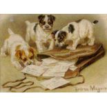 MAGUIRE, HELENA London 1860 - 1909 3 Welpen auf einer Tasche mit Briefen. Aquarell, signiert. 9,