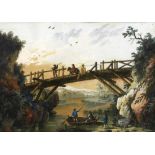 LANDSCHAFTSMALER 1794 Romantische Flußlandschaft mit Personen auf verfallener Holzbrücke und