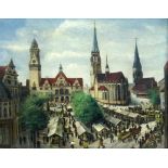 ERDMANN Deutscher Maler um 1900 Markttag auf dem Burgplatz Duisburg mit Blick auf das Rathaus und