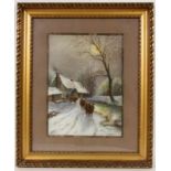 LOIZELET, R. Frankreich 1915 Verschneites Dorf mit Kühen. Aquarell, signiert und datiert. 38x28cm