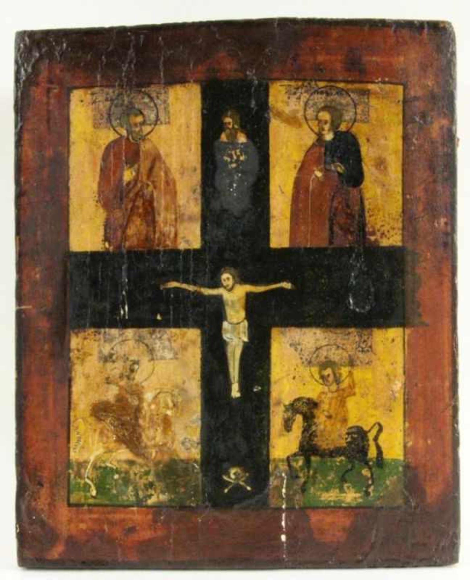 VIERFELDERIKONE Balkan, 19.Jh. Bäuerliche Darstellungen von vier Heligen und Christus im Zentrum.