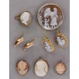 LOT VON 7 MUSCHELKAMEEN meist Silber vergoldet A LOT OF 7 SHELL CAMEOS Mostly gilt silver