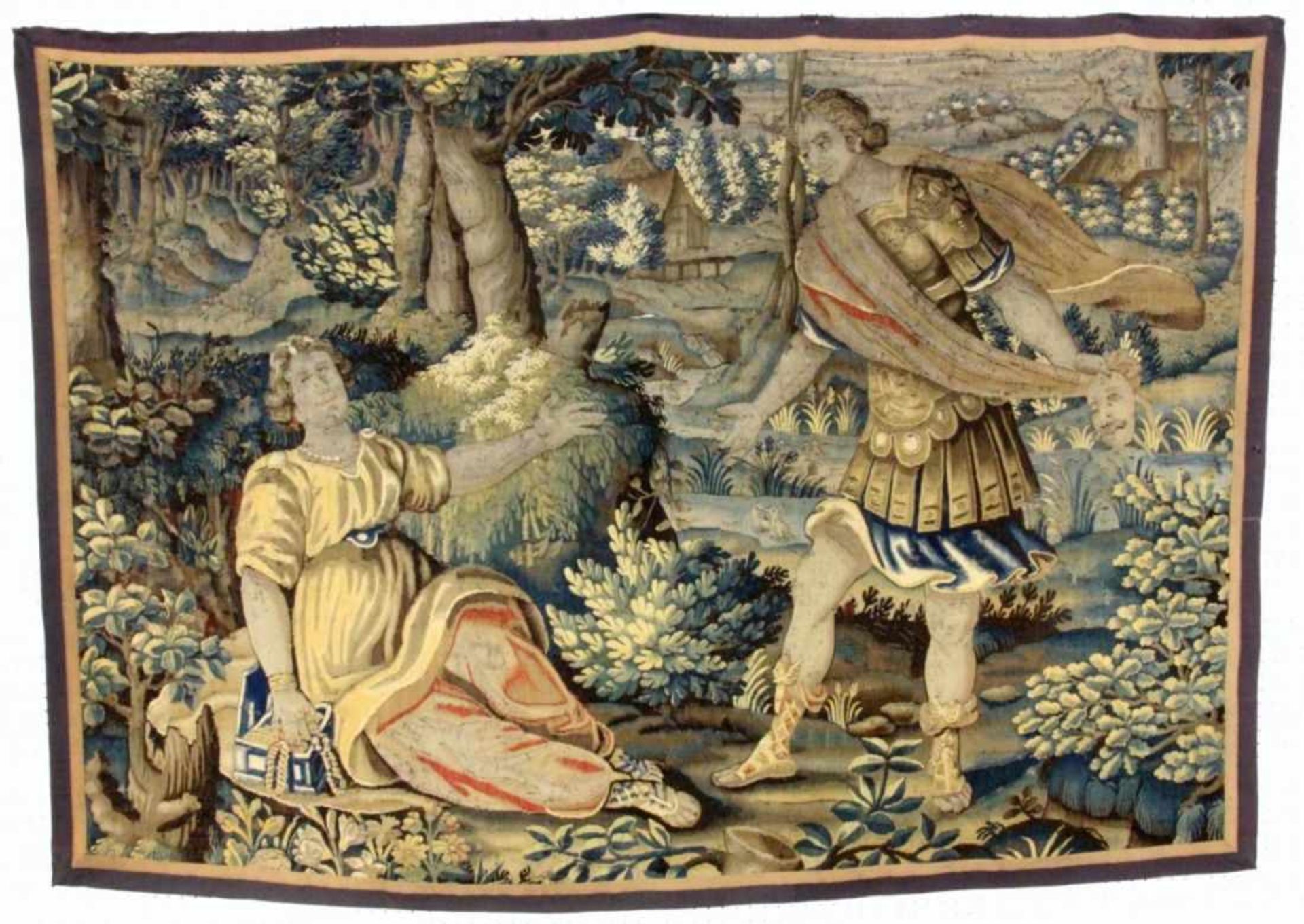 TAPISSERIE mit mittelalterlicher Minneszene. Gewebt. 192x134cm A TAPESTRY with medieval courtly love