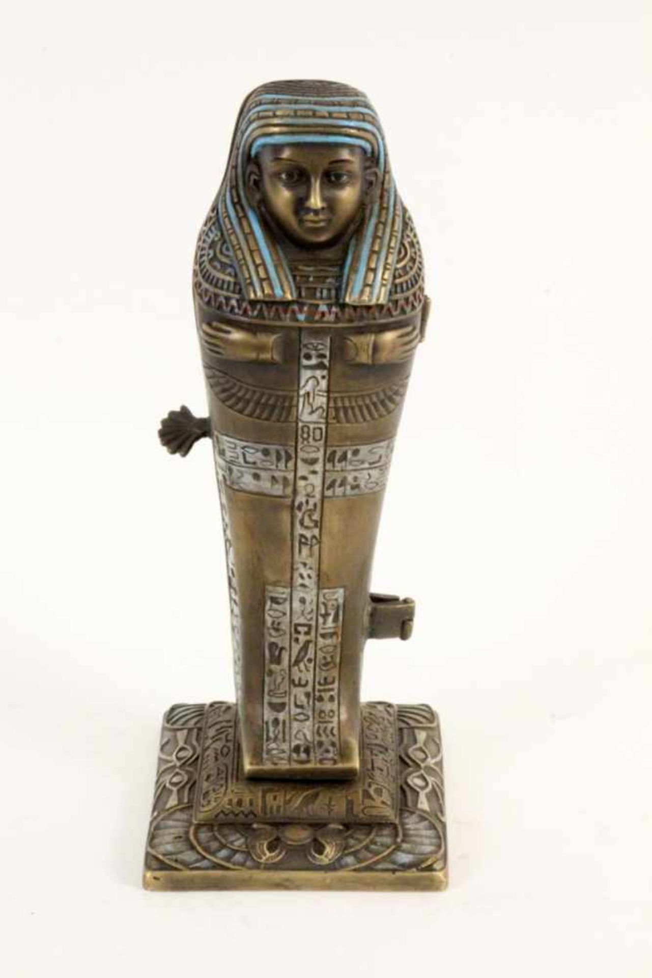 ÄGYPTISCHER SARKOPHAG zum öffnen. Innen ein nacktes Mädchen. H.22,5cm. Neuzeitlich. AN EGYPTIAN