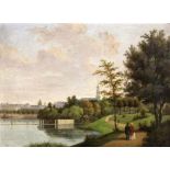 VEDUTENMALER Hamburg 1855 Aussicht von St. Georg zur Außenalster. Öl/Karton, Verso beschieben und