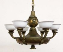 DECKENLÜSTER IM EMPIRESTIL um 1920 Bronze. 6-flammig mit Milchglasschirmen. H. 120cm AN EMPIRE STYLE