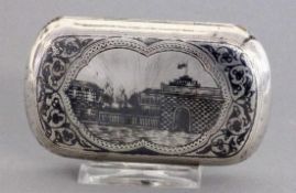 TABATIERE Moskau 1882 Silber mit nielliertem Dekor und Schloßansicht im Deckel. Stadt- und