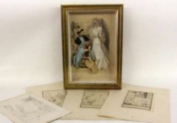 SCHAUKASTEN Frankreich um 1900 Darstellung der Anprobe eines Brautkleides. 43,5x30,5cm Dazu 4 Stiche