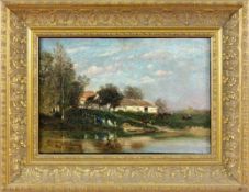 WERY, EMILE Reims 1868 - 1935 Paris Bauernhof am Fluß. Öl/Lwd., signiert. 32x47cm, Ra. WERY, EMILE