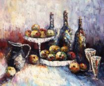 SERVIAN Frankreich, 21.Jh. Stillleben mit Äpfeln und Flaschen. Öl/Lwd., signiert. 50x60cm, Ra.