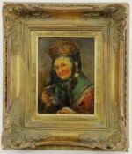 SCHWEITZER, ALFRED München 1882 - 1960 Frau in Tracht mit Kaffeetasse. Öl/Holz, signiert. 24x18cm,